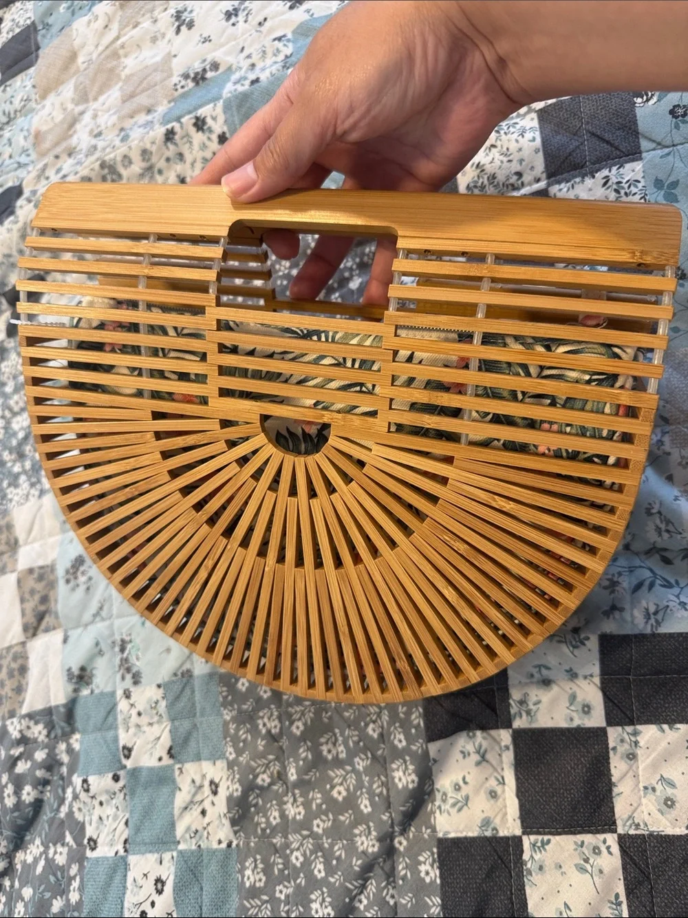 Natural Bamboo Semi-Circle Clutch with Tropical Floral Cream Pouch